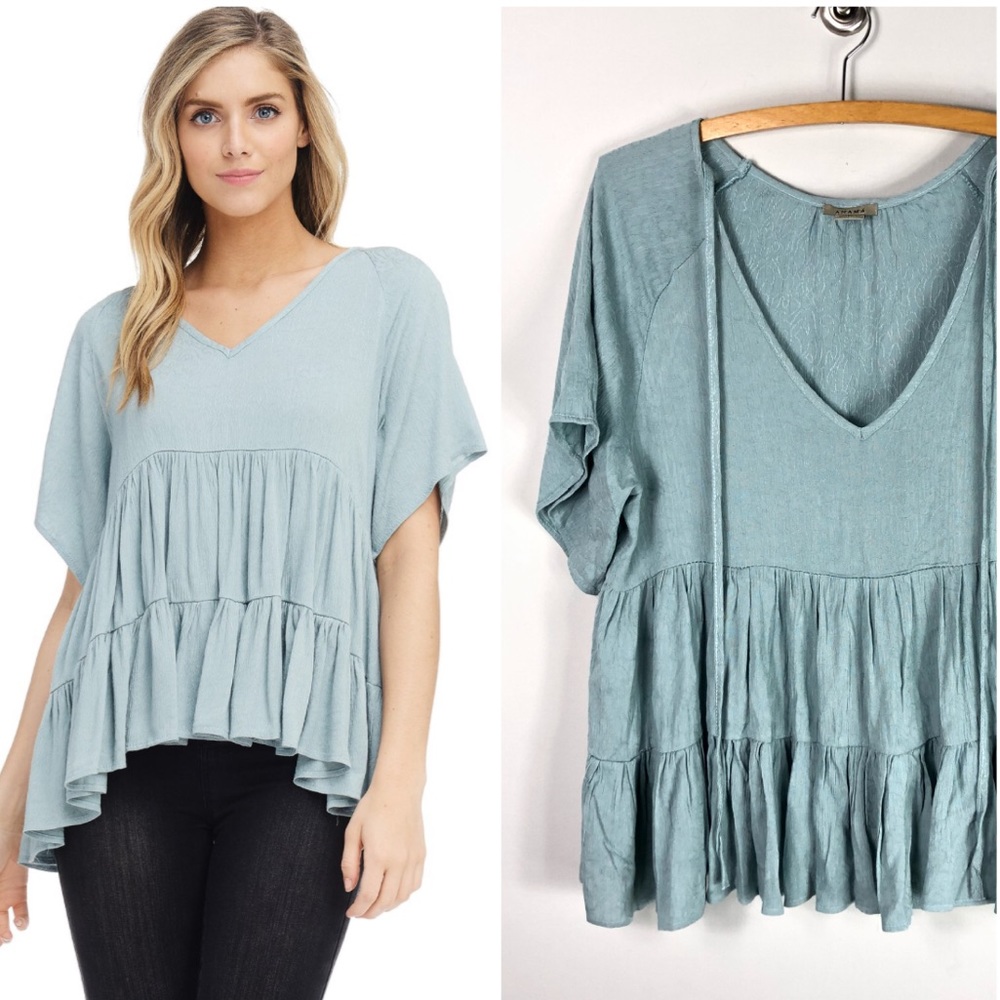 Anama Tiered Blouse Green Ruffle Swing Rayon 906